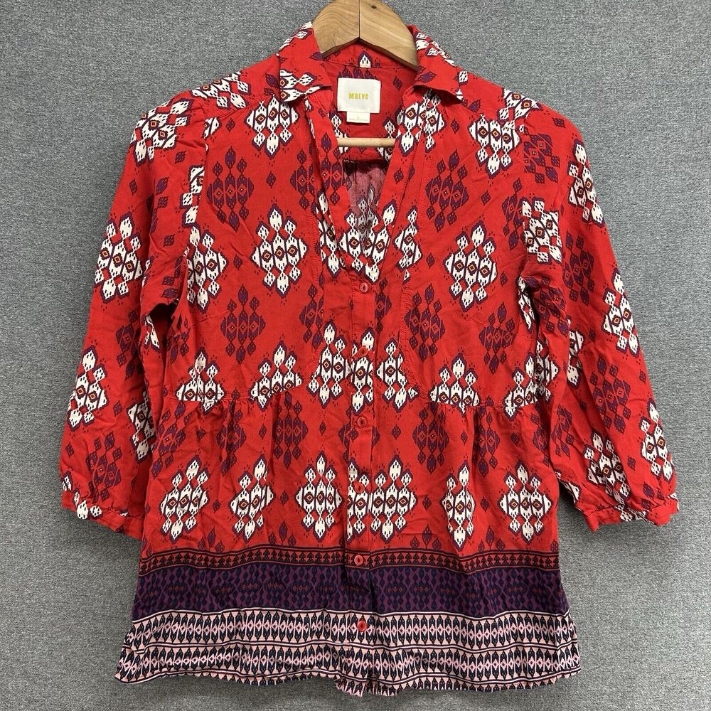 Anthropologie Maeve Blouse Womens 6 Red Geometric Ikat Print V-Neck Button Up